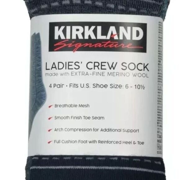 KIRKLAND Extra-Fine Merino Wool Blend Crew Socks, Ladies 4 Pair Pack, Womens NWT - Picture 3 of 8
